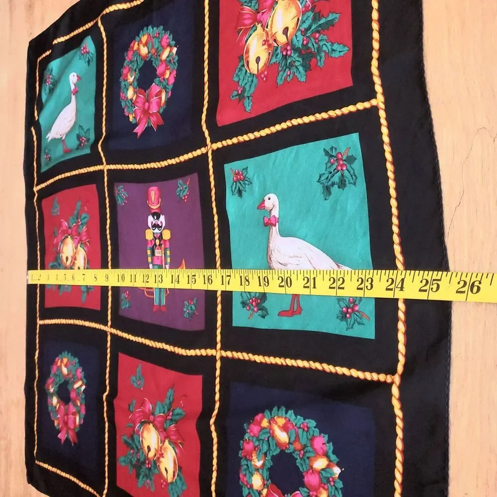 TALBOTS Silk Christmas Scarf 25.5" Square Holiday Wreath Rolled Edges Black - Picture 7 of 7